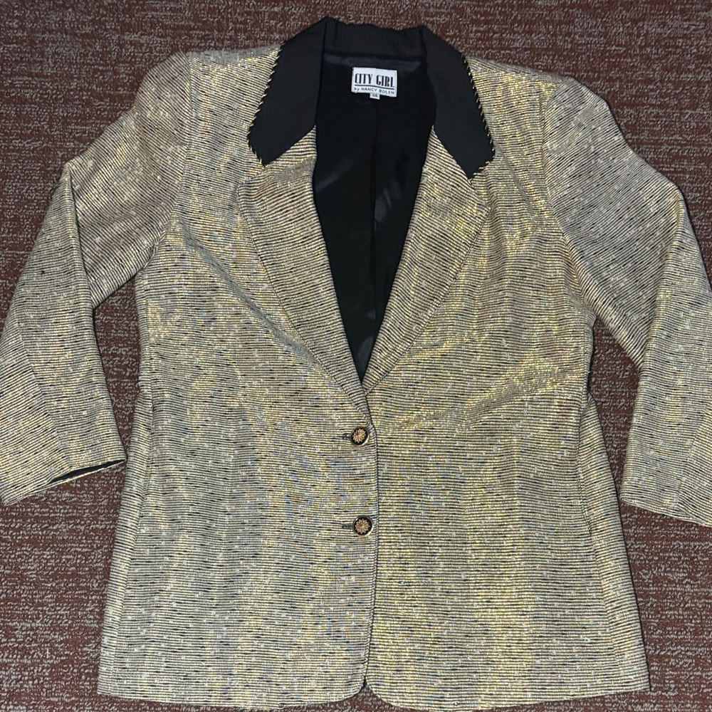 Vintage blazer metallic Gold Black glamorous fitted statement blazer maximalist